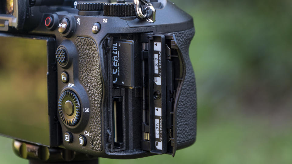 Closeup of open memory card door of the Sony A9 III