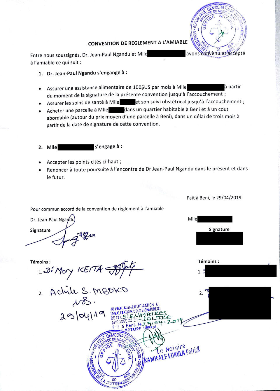 This image provided by Dr. Jean-Paul Ngandu shows an April 29, 2019 contract between him and a Congolese woman he allegedly impregnated. The notarized document contains the signatures of two World Health Organization staff members, including a manager, as witnesses to the agreement. Ngandu promised to pay her a monthly stipend, cover the woman's pregnancy-related health costs and to buy her a plot of land. The deal was made “to protect the integrity and reputation of the organization," said Ngandu, who headed the WHO infection control team in Beni. The names of the woman and two other witnesses have been redacted to protect their privacy. (Courtesy Dr. Jean-Paul Ngandu via AP)