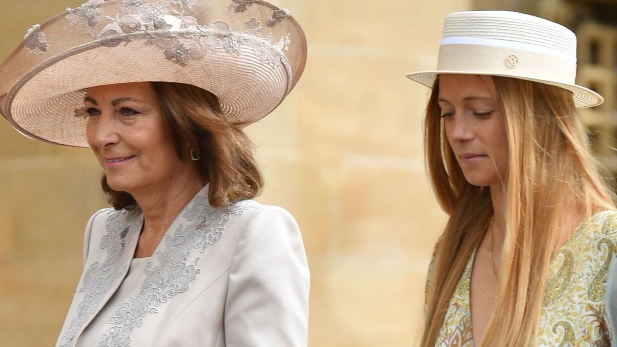 Alizee Thevenet in a plated dress with Carole Middleton