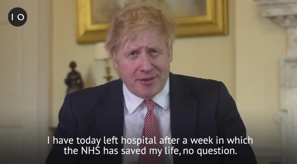 A grab done from the Twitter page of Britain's Prime Minister Boris Johnson, in which he hails the staff in the National Health Service (NHS) for saving his life, filmed at 10 Downing Street, London, Sunday April 12, 2020. Johnson was discharged earlier Sunday from a London hospital where he was treated in intensive care for the new COVID-19 coronavirus. (Twitter Boris Johnson/Downing Street via AP)
