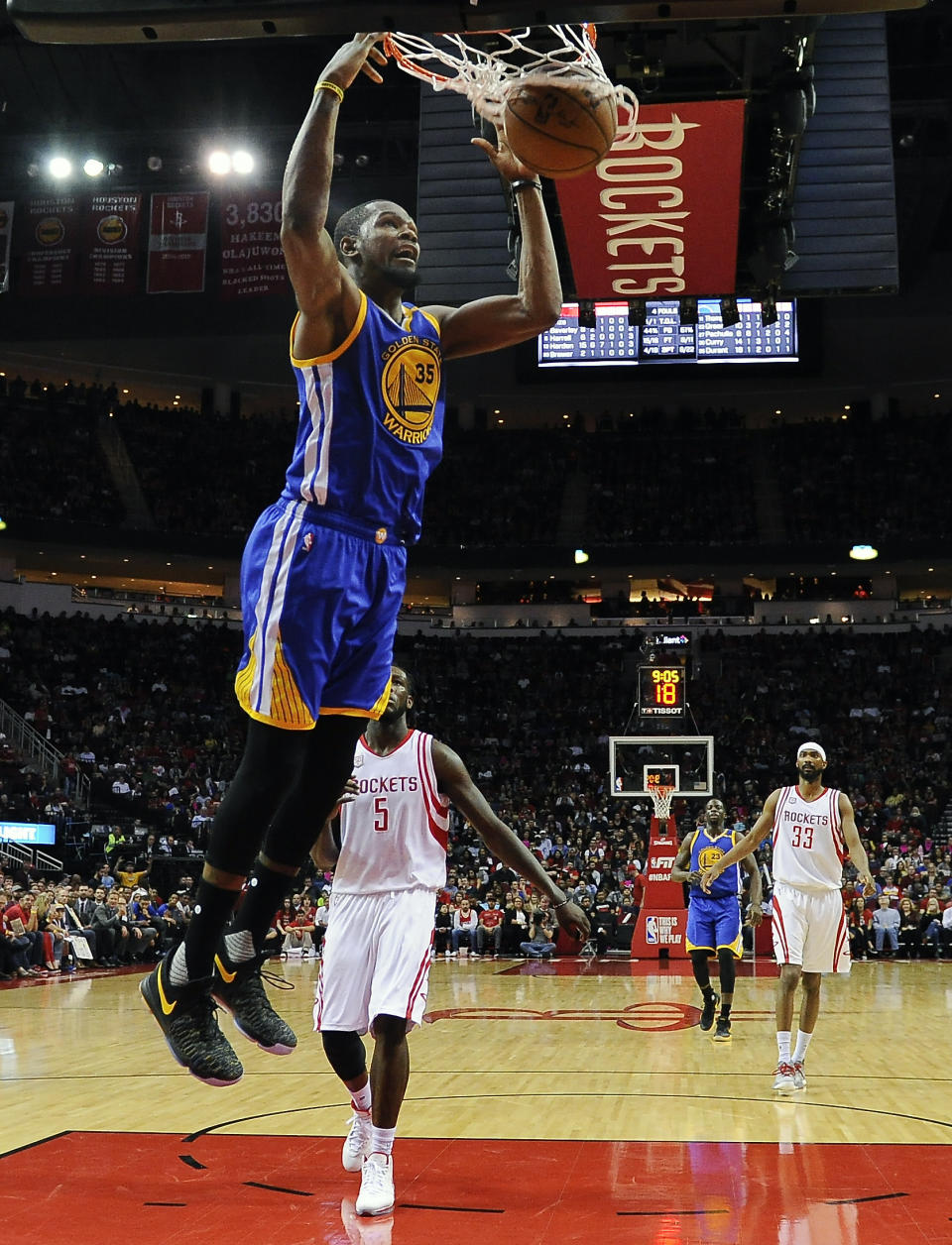 Golden State Warriors forward Kevin Durant (35) dunks during the second half of the team's NBA basketball game, Friday, Jan. 20, 2017, in Houston. Golden State won 125-108. (AP Photo/Eric Christian Smith)