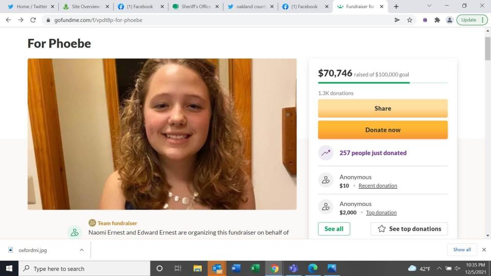 An image of Phoebe Arthur, 14, a recovering gunshot victim who survived the Nov. 30 killings at Oxford High School on Nov. 30. Her family is raising money through a verified GoFundMe.com account. The $70,746 reflects funds raised through Sunday, Dec. 5, 2021.