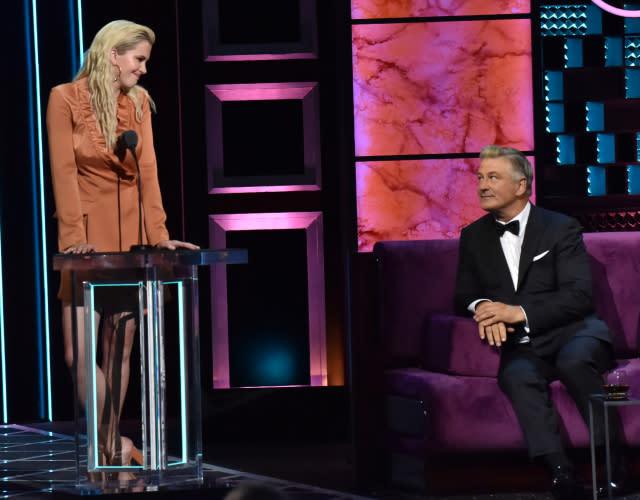 BEVERLY HILLS, CALIFORNIA – SEPTEMBER 07: Alec Baldwin (R) reacts while Ireland Baldwin speaks onstage during the Comedy Central Roast of Alec Baldwin at Saban Theatre on September 07, 2019 in Beverly Hills, California. <em>Photo by Jeff Kravitz/FilmMagic.</em>