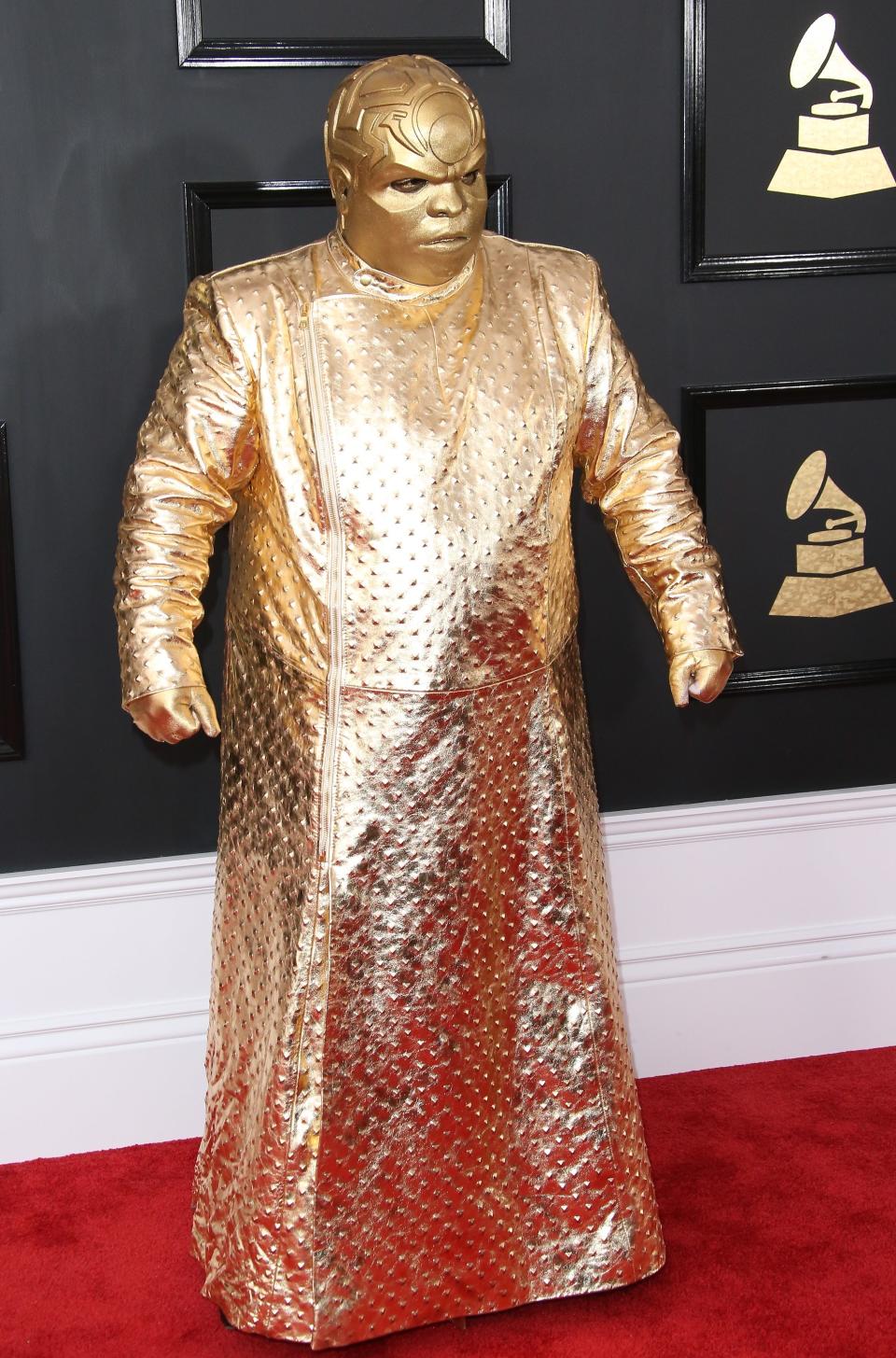At the 2017 awards, <a href="https://www.teenvogue.com/story/ceelo-greens-grammys-outfit-is-internet-gold?mbid=synd_yahoo_rss" rel="nofollow noopener" target="_blank" data-ylk="slk:CeeLo Green;elm:context_link;itc:0;sec:content-canvas" class="link ">CeeLo Green</a> showed up looking so expensive, some were ready to melt him down into jewelry. That’s because he came dressed as a gold statue. Just a fashion look or is he a missing Avenger? The world may never know.