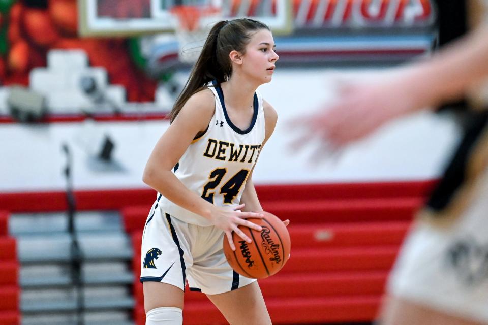 DeWitt's Gabbie Brya looks to pass against Holt during the fourth quarter on Thursday, March 9, 2023, at Coldwater High School.