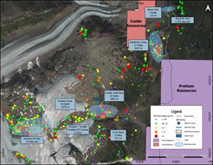 High-grade gold occurrences (grab samples) on the Scottie Gold Mine Project, all satellite images are within Scottie’s mineral tenure.