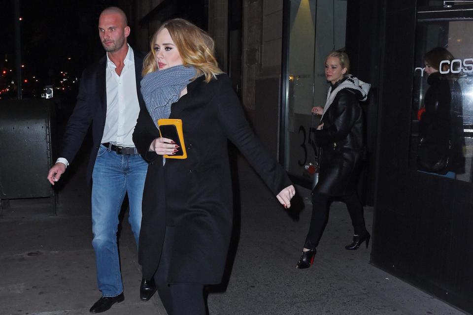 Adele and Jennifer Lawrence leaving Cosme (Buzz Foto/REX/Shutterstock)