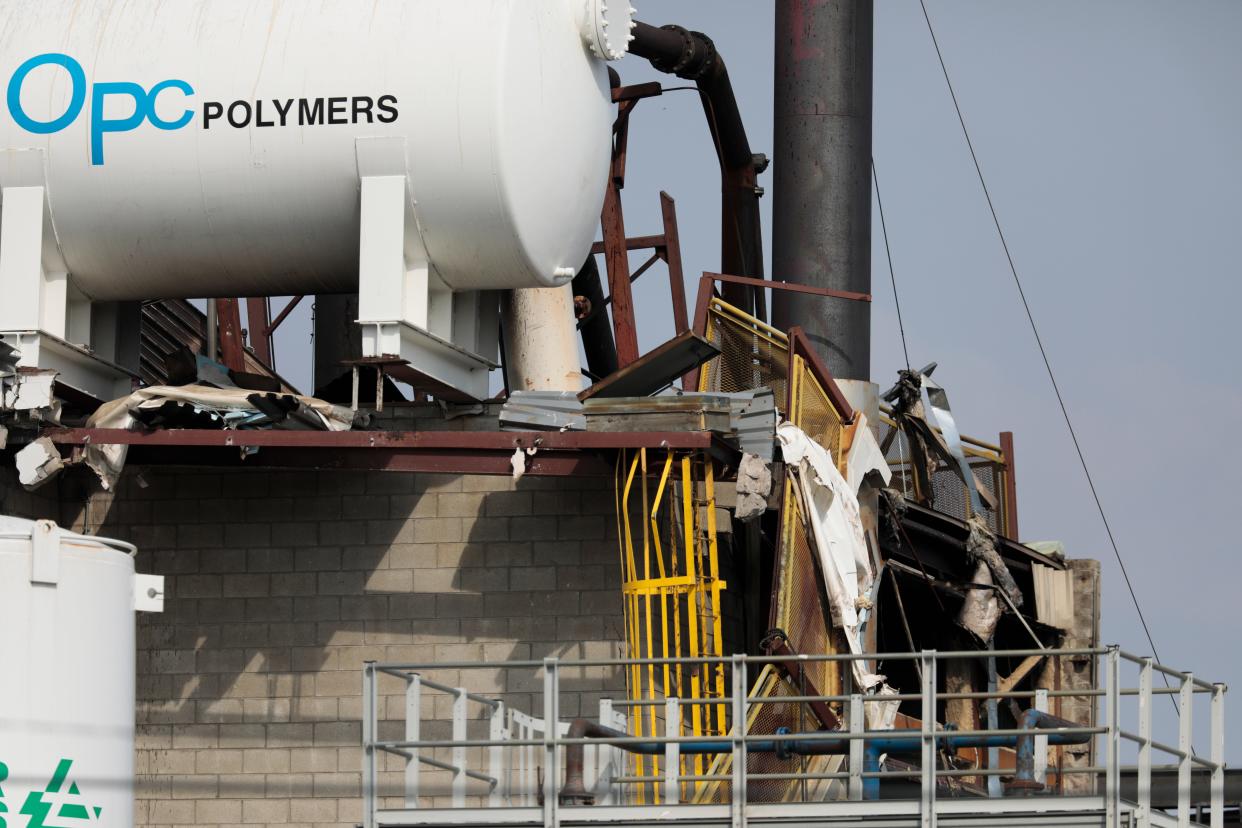 Damage is seen following an overnight explosion at the Yenkin-Majestic Paint plant, 1920 Leonard Ave., on Thursday, Apr. 8, 2021 in Columbus, Ohio. Wendall Light, 44, a press room supervisor at the plant, was killed in the explosion and eight others were injured. The plant has a history of workplace safety violations, according to a federal workplace investigation.