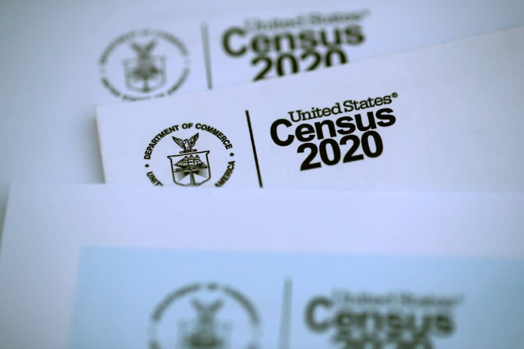 The U.S. Census logo appears on census materials received in the mail with an invitation to fill out census information online on March 19, 2020 in San Anselmo, California. (Photo Illustration by Justin Sullivan/Getty Images)