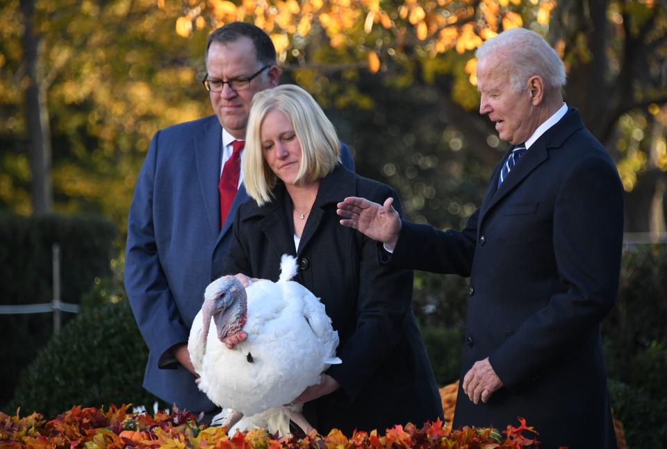 President Joe Biden pardons the turkey 'Peanut Butter' during the White House Thanksgiving turkey pardon in the Rose Garden of the White House in Washington, DC on November 19, 2021. (Olivier Doulliery/AFP via Getty Images)