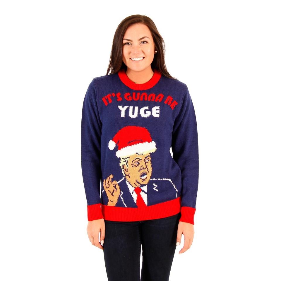 Considering how polarizing Trump is, don't be surprised if people build a wall around you at the Christmas party if you <a href="http://www.uglychristmassweater.com/product/donald-trump-its-gunna-be-yuge-christmas-sweater/" target="_blank">wear this sweater.</a><a href="http://www.uglychristmassweater.com/product/donald-trump-its-gunna-be-yuge-christmas-sweater/" target="_blank"><br /><br /></a>