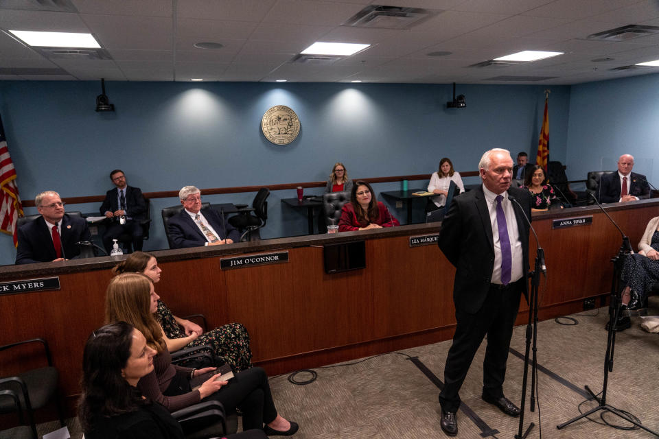 Matt Neubert, executive director of the Arizona Corporation Commission, says his farewell remarks during a swearing-in ceremony for commissioners Nick Myers and Kevin Thompson at The Arizona Corporation Commission building in Phoenix on Jan. 3, 2023.