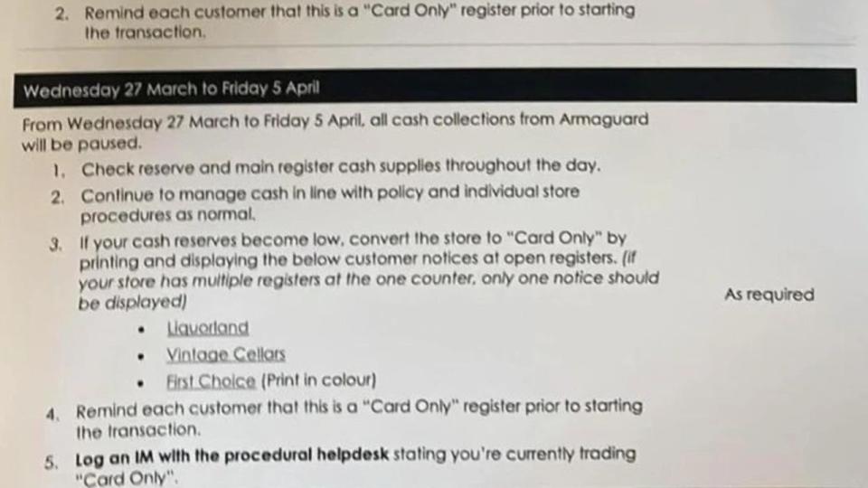 The memo on the cash process update was sent to staff at Coles supermarket and liquor stores. Picture: Reddit