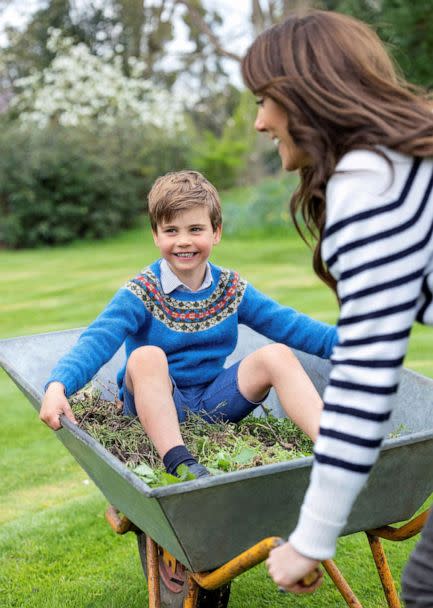 PHOTO: Britain's Prince Louis, whose fifth birthday is on Sunday, is seen in a portrait being pushed in a wheelbarrow by his mother, Britain's Catherine, Princess of Wales, in this undated handout photo issued by Kensington Palace, April 22, 2023. (The Prince And Princess Of Wales/Millie Pilkington/Handout via Reuters)