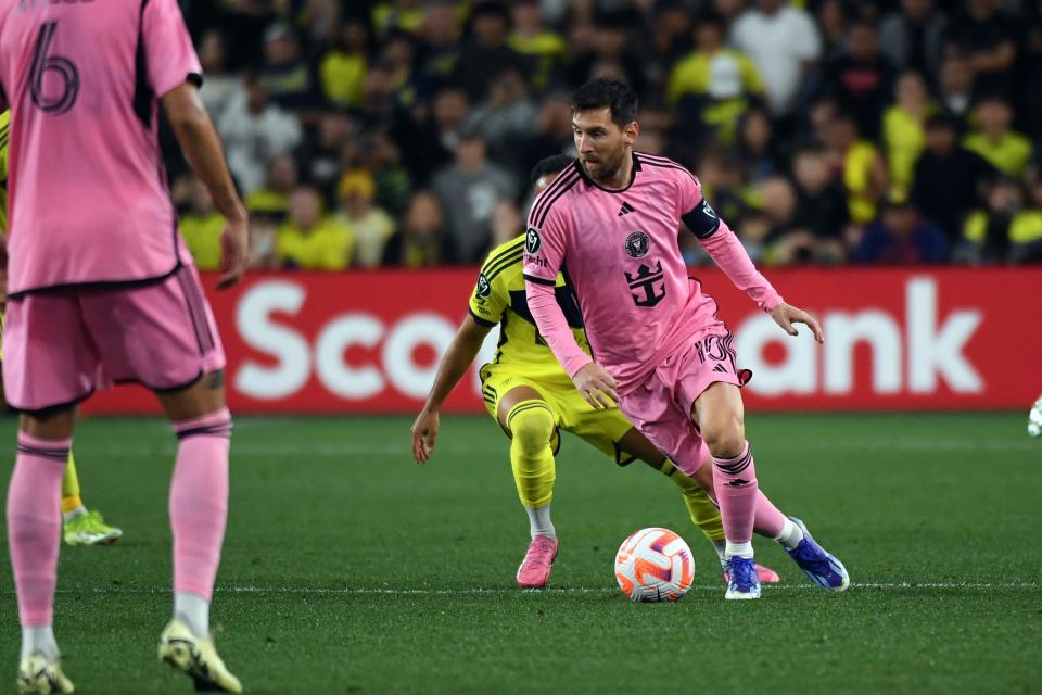 Mar 7, 2024; Nashville, TN, USA; Inter Miami forward Lionel Messi (10) plays the ball during the second half against the Nashville SC at GEODIS Park. Mandatory Credit: Christopher Hanewinckel-USA TODAY Sports