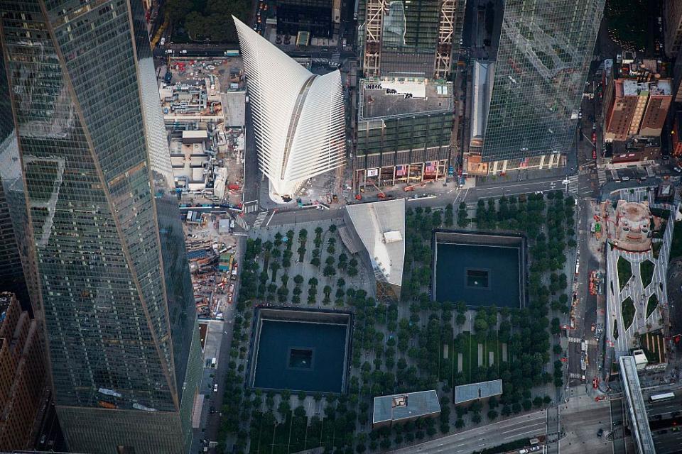 An aerial view of the 9/11 Memorial & Museum and the Oculus Transportation Hub on September 8, 2016, in New York City. | Drew Angerer/staff—Getty Images