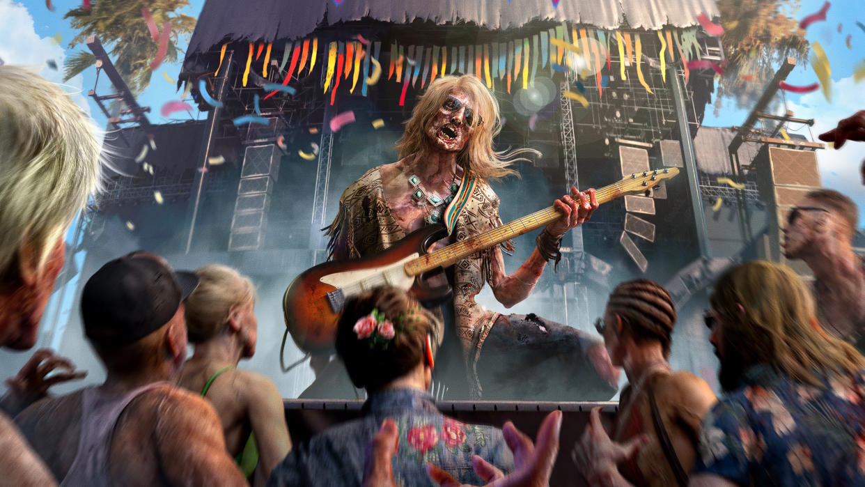  Dead Island 2 promo art - zombie playing an electric guitar on stage while a zombie audience watches. 