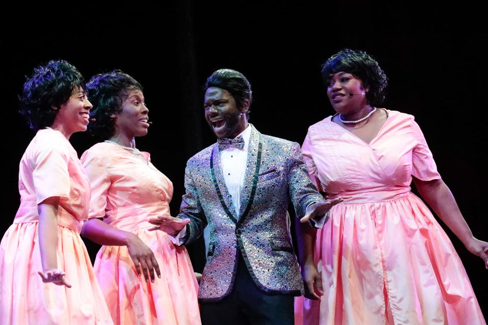 In the musical “Dreamgirls” at Westcoast Black Theatre Troupe, the young singing group The Dreams, played by Maya Cuevas, Caila Carter and Shena Renee (right), get their start singing backup for R&B star Jimmy Early, played by Raleigh Mosely II.