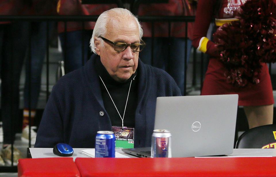 Des Moines sports columnist Randy Peterson works at Hilton Coliseum during a 2022 men's basketball game.