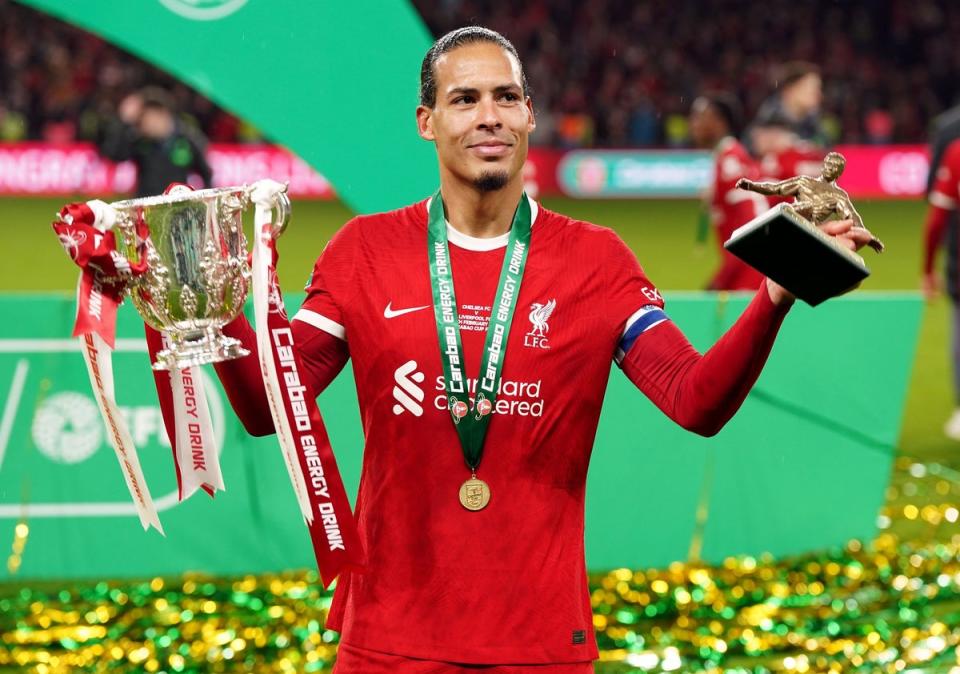 Virgil van Dijk lifted the Carabao Cup trophy (Nick Potts/PA Wire)