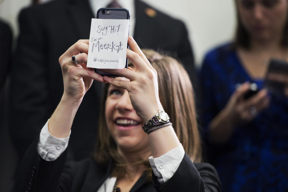 Conference aide SoRelle Wyckoff films a news conference in the Capitol after a meeting of the House Republican Conference using the live streaming app Meerkat on March 24, 2015.