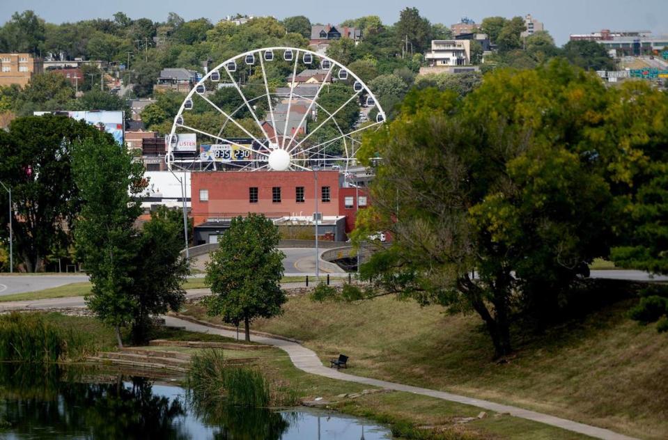 Work continues on the KC Wheel, a 150-foot tall ferris wheel with 36 climate-controlled gondolas, on Tuesday, Sept. 26, 2023, in Kansas City.