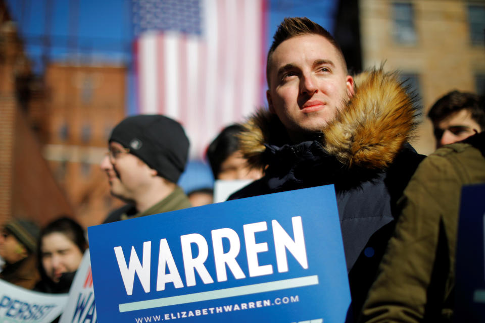 Supporters wait for U.S. Senator Elizabeth Warren (D-MA) at a rally to launch her campaign for the 2020 Democratic presidential nomination in Lawrence, Massachusetts, U.S., February 9, 2019.   REUTERS/Brian Snyder