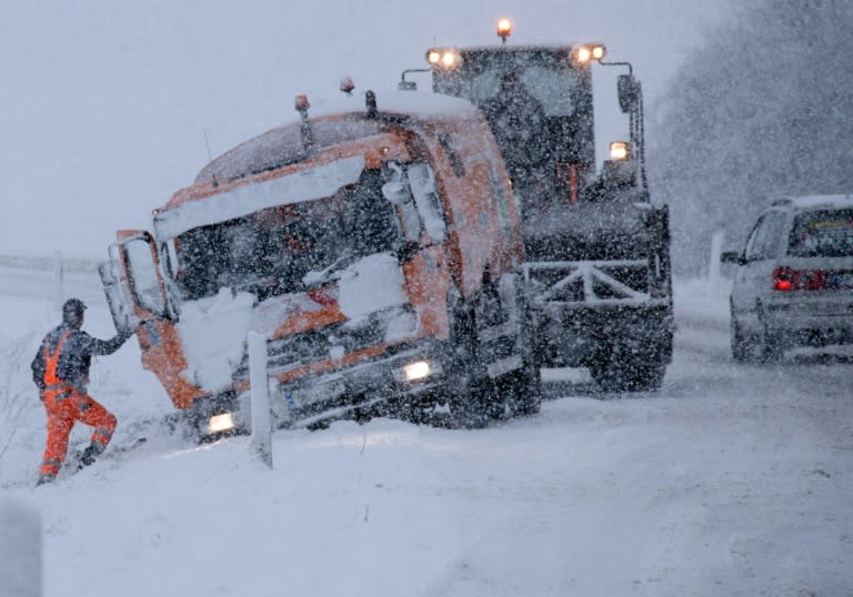 Heavy snowfall forced some vehicles off the road in Germany as the storm persisted across northern Europe