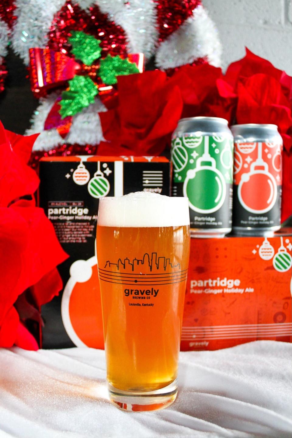 Partridge, a holiday ale at Gravely Brewing Co, is a copper colored ale with mellow caramel sweetness paired with candied pears and spiced with ginger root before a dry, refreshing finish.