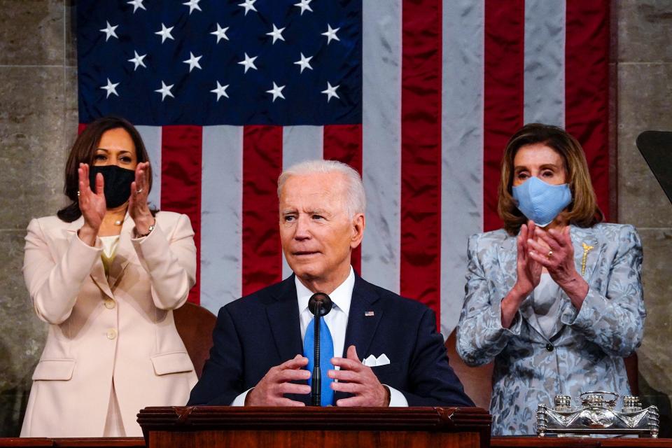 President Joe Biden is pictured addressing a joint session of Congress.