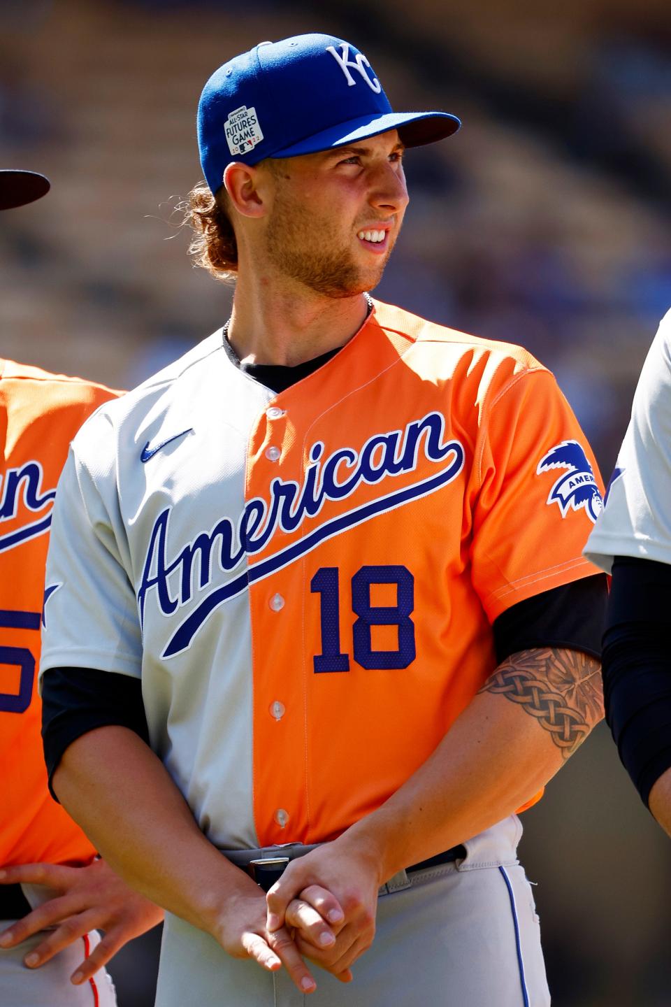 Alec Marsh of the American League lines up before the SiriusXM All-Star Futures Game at Dodger Stadium on July 16, 2022 in Los Angeles, California.