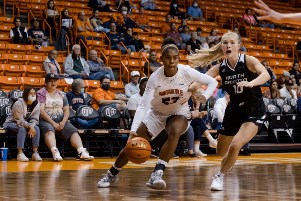 UTEP's Eliana Cabral (23) and North Dakota's Calire Orth (10) at a basketball game Saturday, Nov. 13, 2021, at the Don Haskins Center in El Paso.