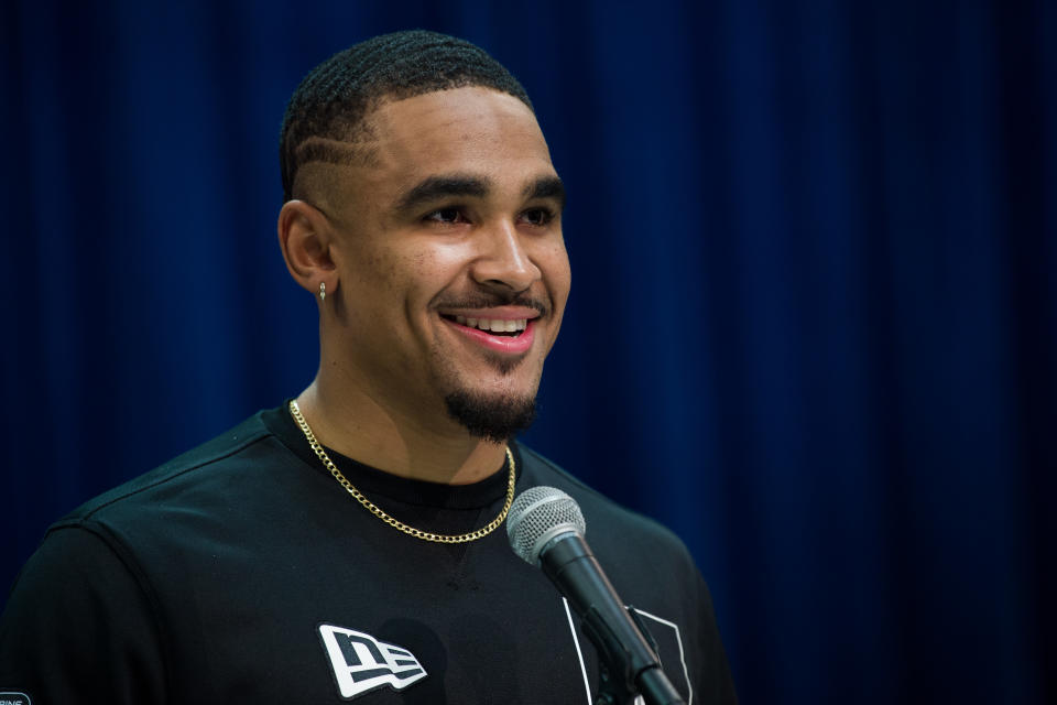 Former Oklahoma quarterback Jalen Hurts answers questions from the media during the NFL scouting combine on Tuesday in Indianapolis. (Photo by Zach Bolinger/Icon Sportswire via Getty Images)