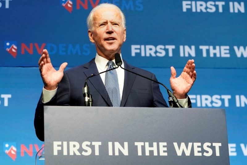 FILE PHOTO: Joe Biden speaks on stage at a First in the West Event at the Bellagio Hotel in Las Vegas