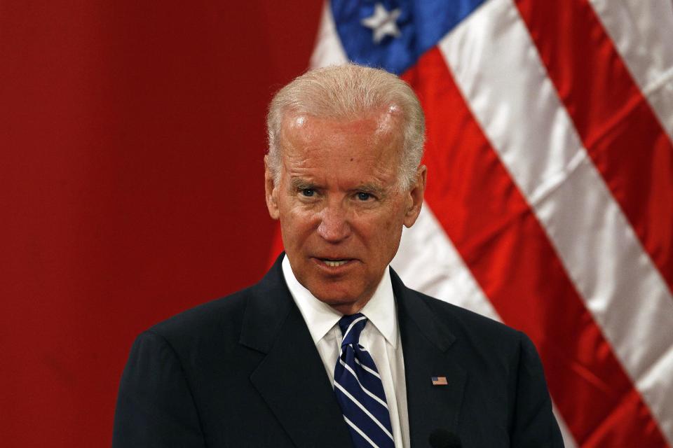 Vice President Joe Biden speaks at La Moneda Palace in Santiago, Chile, Monday, March 10, 2014. Biden is in Chile to attend Tuesday's swearing-in of Michelle Bachelet as Chile's president. (AP Photo/Luis Hidalgo)