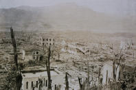 The hospital at Nagasaki Medical College, located only 800 meters from ground zero, was destroyed when the United States dropped an atomic bomb on the city at the end of World War II on Aug. 9. 1945. Only the reinforced concrete buildings remain standing. (Photo: Corbis via Getty Images)