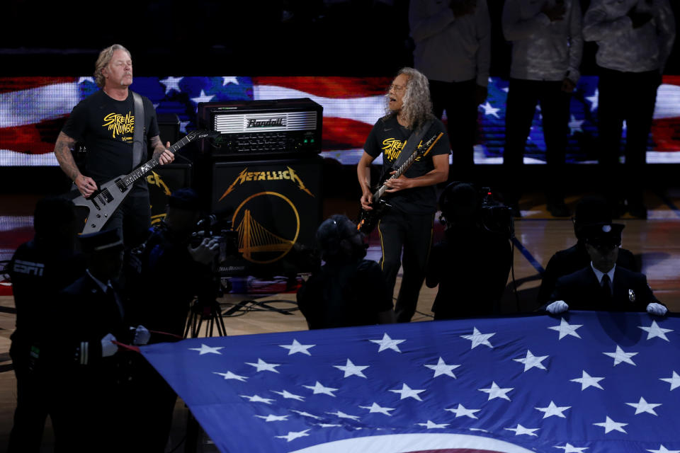 The American national anthem is performed by Metallica prior to game Three of the 2019 NBA Finals between the Golden State Warriors and the Toronto Raptors at ORACLE Arena on June 05, 2019 in Oakland, California. (Photo by Lachlan Cunningham/Getty Images)