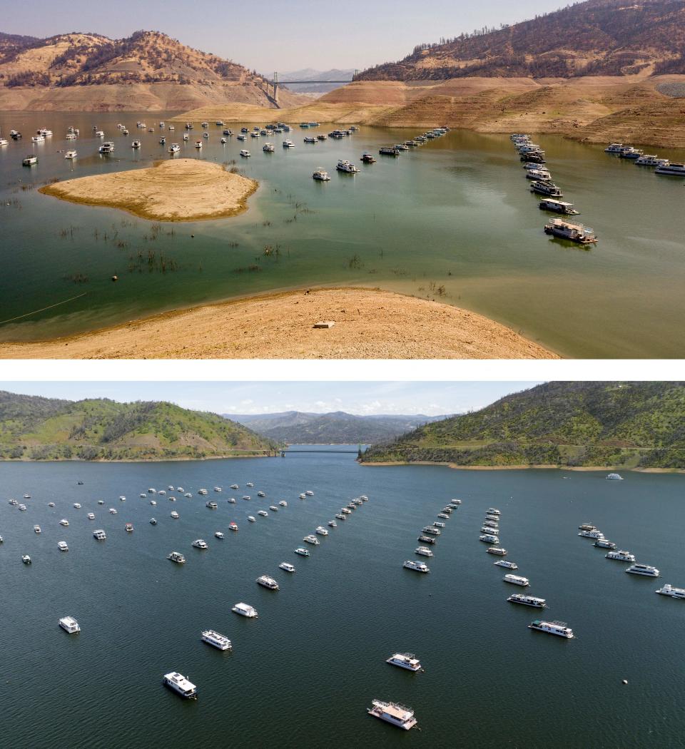 This aerial combination photo created on April 17, 2023, boats are parked on Lake Oroville near the Bidwell Bar Bridge in Oroville, California, on September 05, 2021 (top) and on April 16, 2023 (below). – A very wet winter has left California’s reservoirs looking healthier than they have for years, as near-record rainfall put a big dent in a lengthy drought.<br>A series of atmospheric rivers — high altitude ribbons of moisture — chugged into the western United States, dousing a landscape that had been baked dry by years of below-average rain. (Photo by JOSH EDELSON / AFP) (Photo by JOSH EDELSON/AFP via Getty Images)