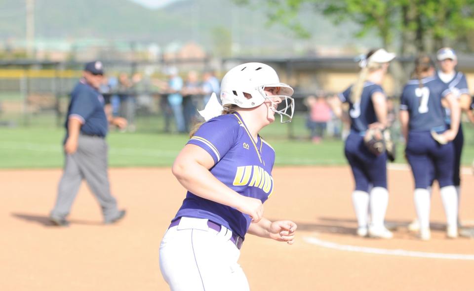 Unioto's Ava Dettwiller rounds the bases after hitting a home run in the Shermans' 15-5 win over Adena on April 19, 2023.