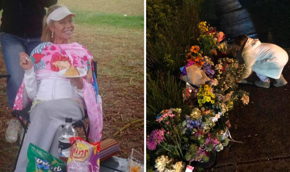 On the left, a photo of Erin Jayne eating food in a park while wearing a white sun hat, on the right, flowers and gifts left outside Erin Jayne's house.