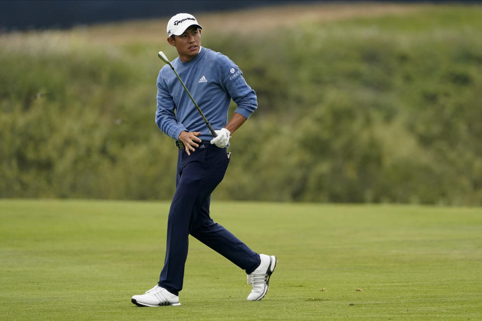 Collin Morikawa watches his shot from the fairway on the 18th hole during the third round of the PGA Championship golf tournament at TPC Harding Park Saturday, Aug. 8, 2020, in San Francisco. (AP Photo/Charlie Riedel)