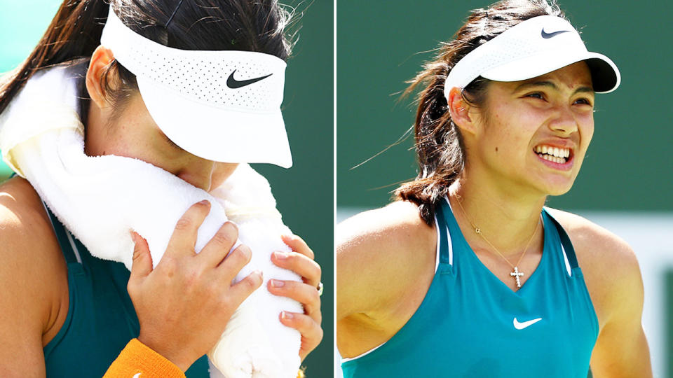 Seen here, Emma Raducanu looks on in anguish against Petra Martic at Indian Wells.