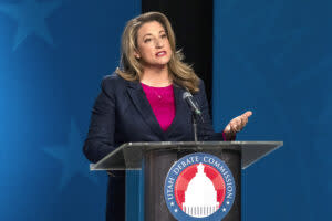  Rachel Terry speaks during the attorney general GOP primary debate between Derek Brown and Frank Mylar at the KUED Studio, on Tuesday, June 11, 2024. (Pool photo by Rick Egan/The Salt Lake Tribune)