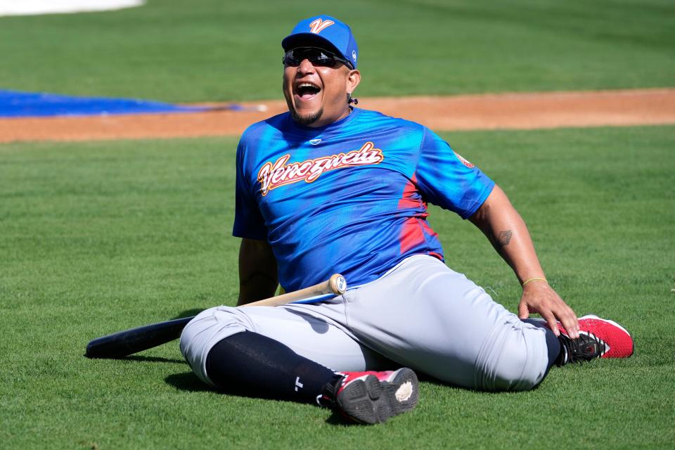 Venezuela's Miguel Cabrera stretches before an exhibition baseball game against the New York Mets, Thursday, March 9, 2023, in Port St. Lucie, Fla.