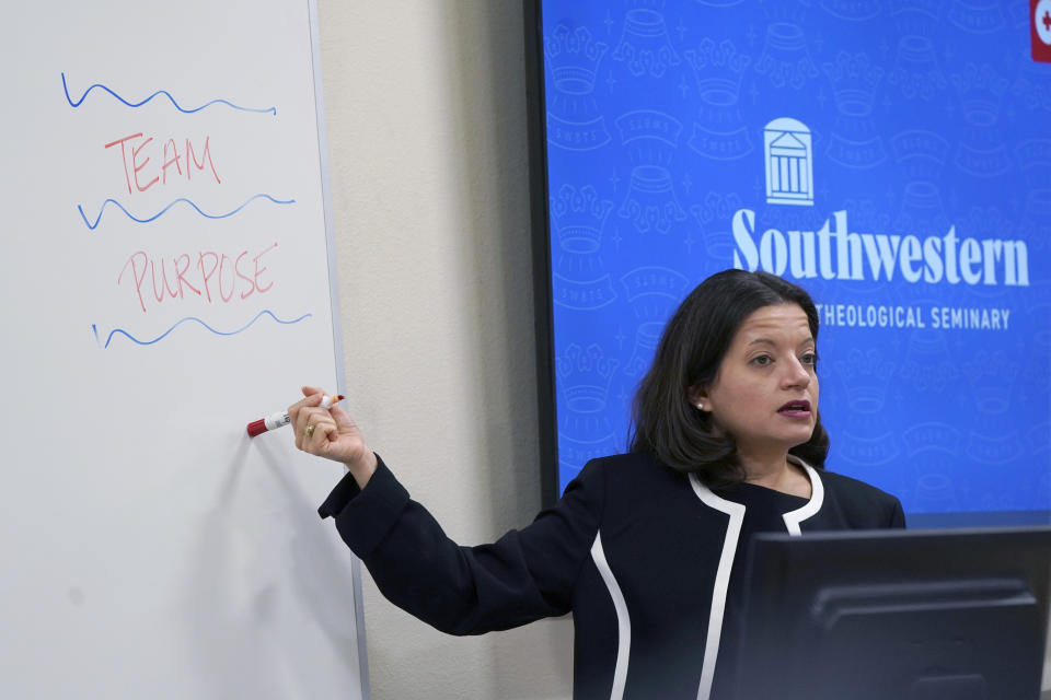 CORRECTS TO ASHLEY, NOT ASHELY - Ashley Allen teaches a women's ministry class at the Southwestern Baptist Theological Seminary in Fort Worth, Texas, Thursday, Nov. 18, 2021. (AP Photo/LM Otero)