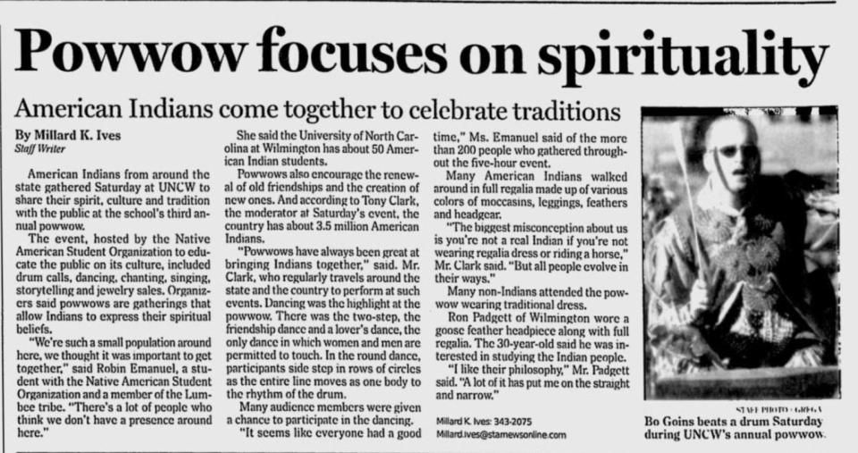 This Morning Star story from Feb. 29, 2004, mentions the gathering of Native Americans for a third annual powwow at the University of North Carolina Wilmington (UNCW).