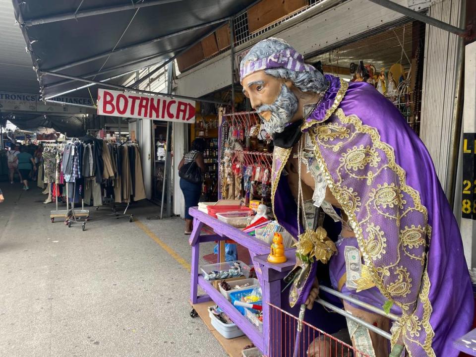 A statue of San Lazaro at St. Barbara’s Variety Inc., a stall at the Hialeah Opa-locka Flea Market that sells figurines and other religious items.