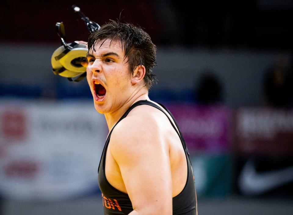 Silverton’s Brash Henderson reacts after defeating his opponent, Lebanon’s Isaac Jordan, in the OSAA 5A state championship on Saturday, Feb. 24, 2024 at Veterans Memorial Coliseum in Portland, Ore.