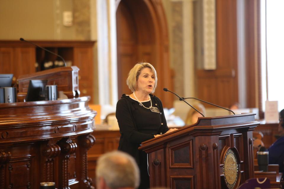 Rep. Barb Wasinger, R-Hays, speaks in support of a bill banning transgender athletes in women's sports Wednesday on the Kansas House floor.