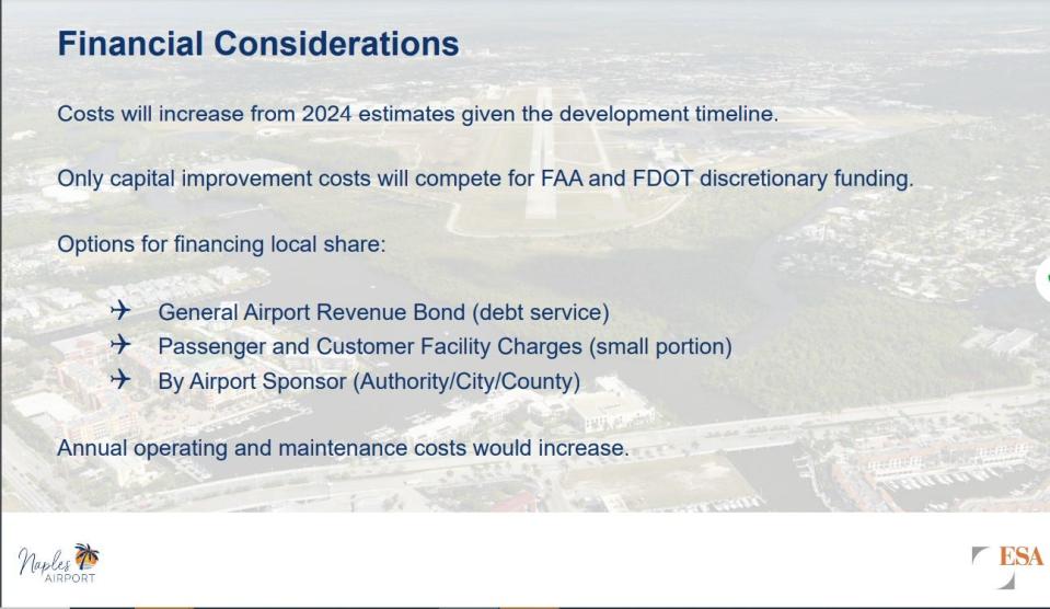 Financial considerations for paying for a possible new airport to replace the Naples Airport in another location were part of a presentation by Environmental Science Associates May 16, 2024, to the Naples Airport Authority Board of Commissioners.